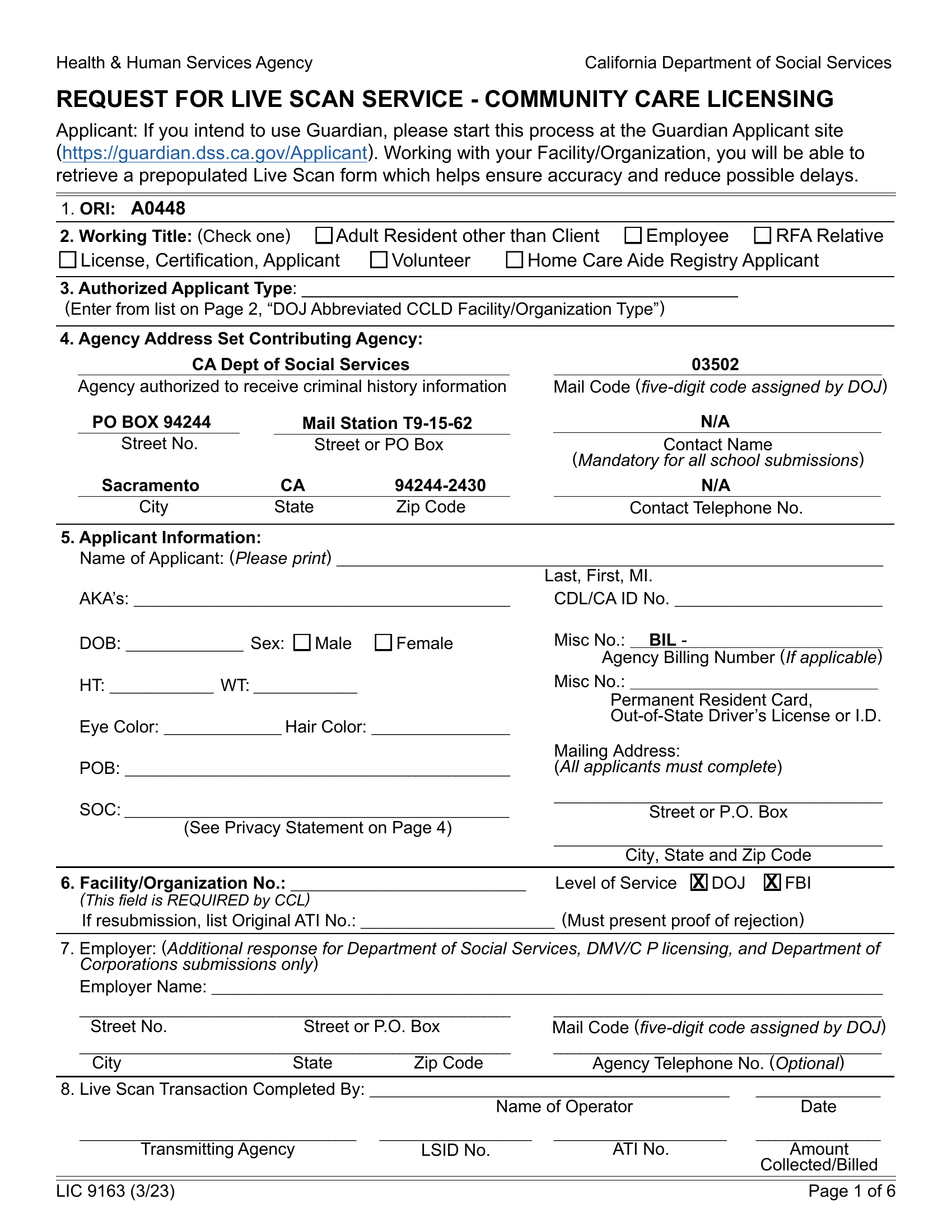 Lic 9163 Request Live Scan Service Community Care Licensing