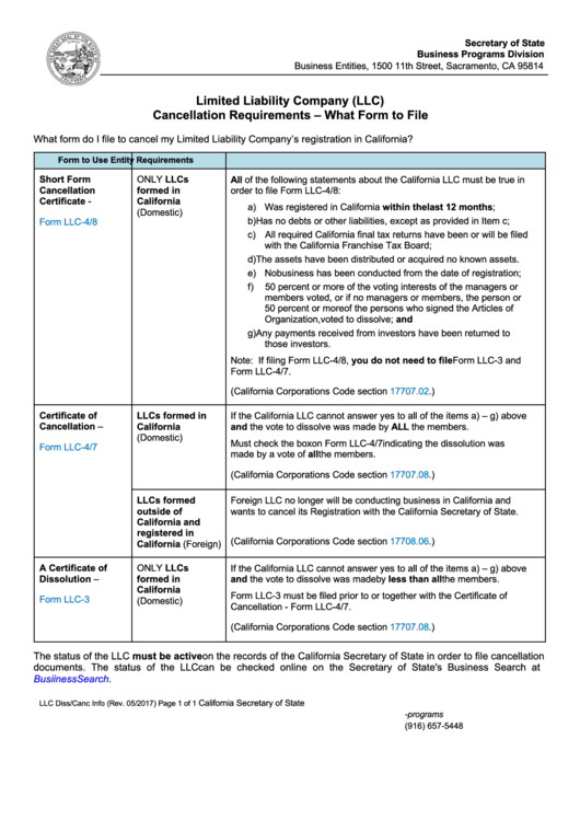 Limited Liability Company Llc Cancellation Requirements 2017 Form