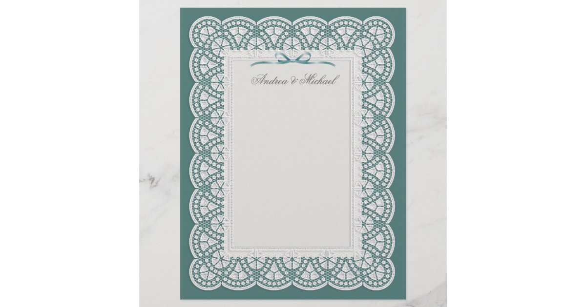 Lined Letterhead White Lace On Metallic Teal Zazzle Com