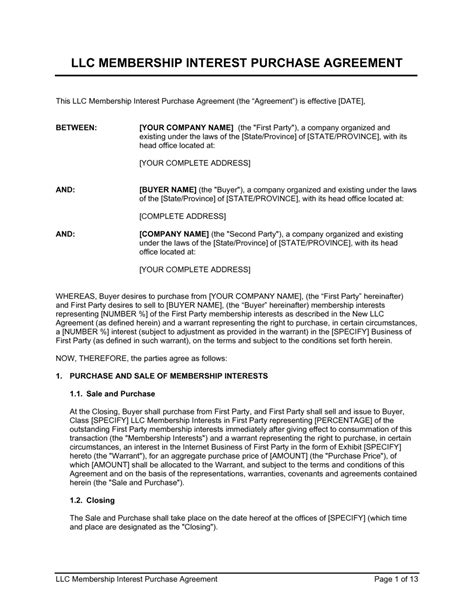 Llc Membership Purchase Agreement Free Template