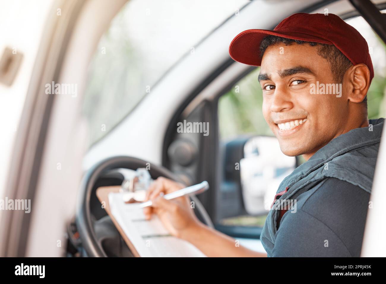 Logistics Delivery Car And Man With Clipboard Paperwork Or Checklist