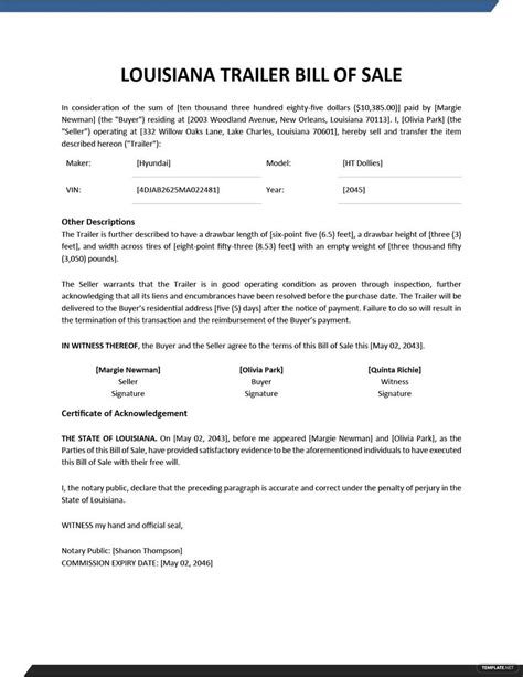 Louisiana Trailer Bill Of Sale Template In Pdf Word Google Docs Download Template Net