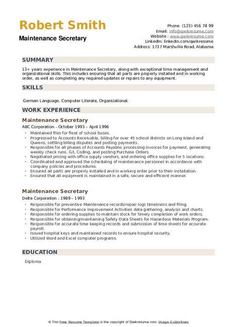 Maintenance Secretary Resume Samples Qwikresume