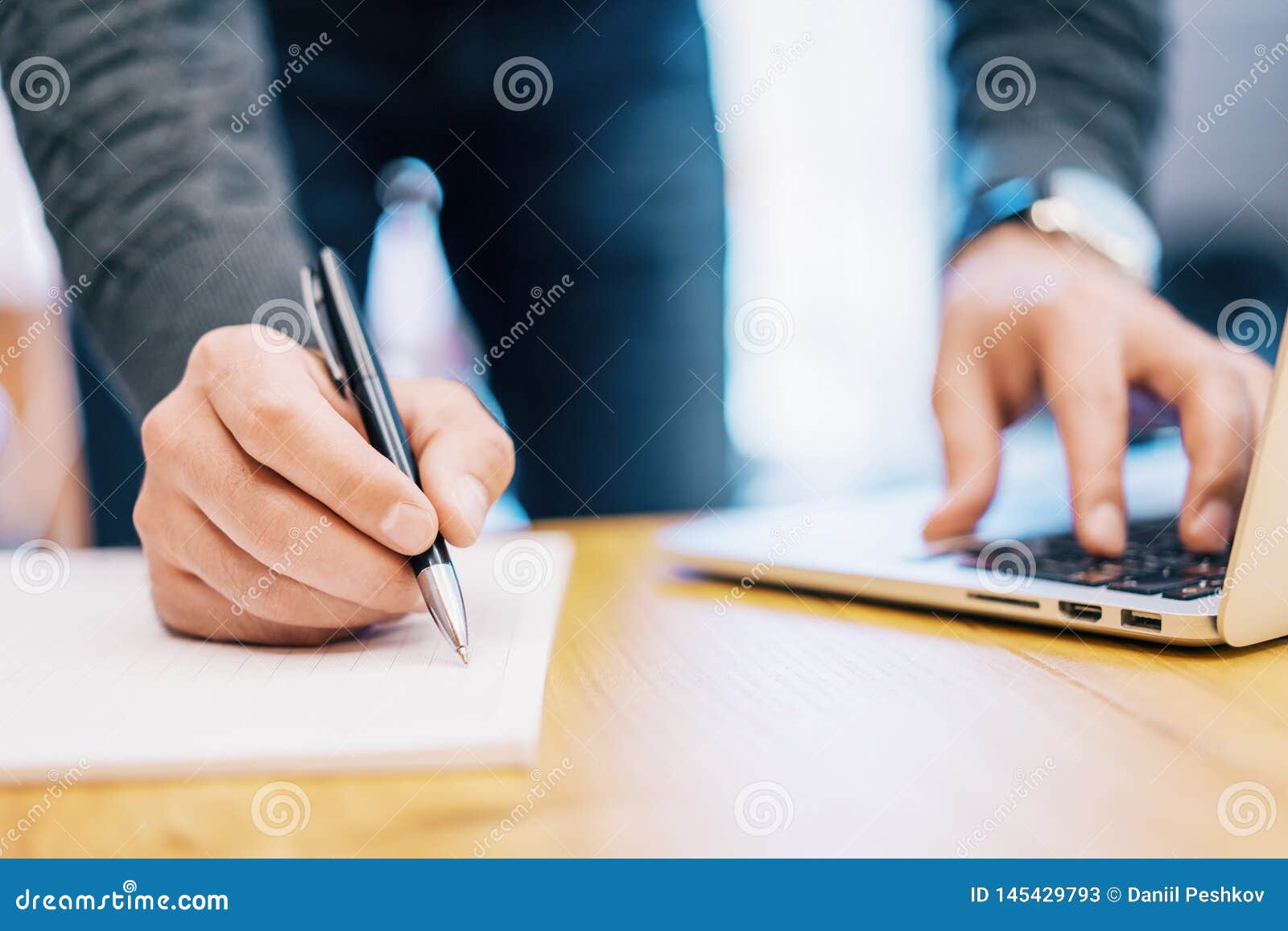 Male Hands Doing Paperwork With Pen And Laptop Stock Image Image Of