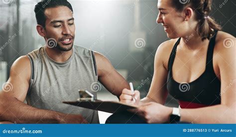 Man Woman And Clipboard With Writing In Gym Sign Up And Planning For Ideas Workout And Smile