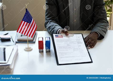 Manager With Blank In Visa Centre Stock Photo Image Of Paperwork