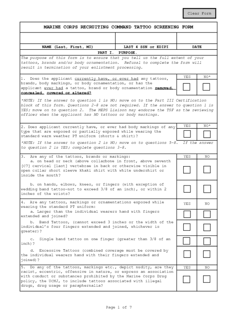 Marine Corps Recruiting Command Tattoo Screening Form