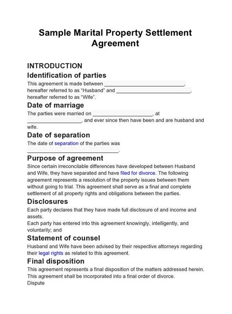 Marital Settlement Agreement Template