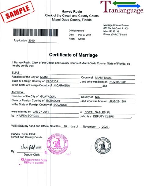 Marriage Certificate Florida Ii Tranlanguage Certified Translations