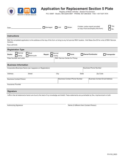 Mass Rmv Application For Replacement Section 5 Plate Forms Docs 2023