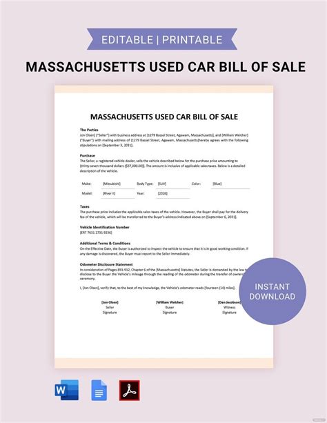 Massachusetts Auto Bill Of Sale Form Template In Pdf Word Google Docs