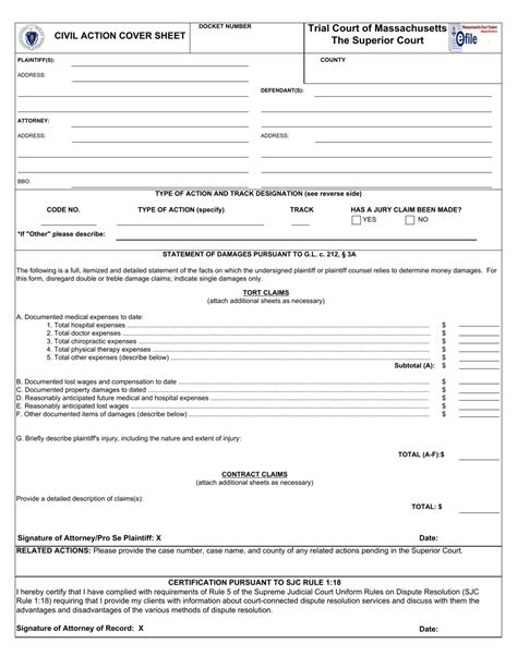 Massachusetts Civil Action Cover Sheet Download Fillable Pdf