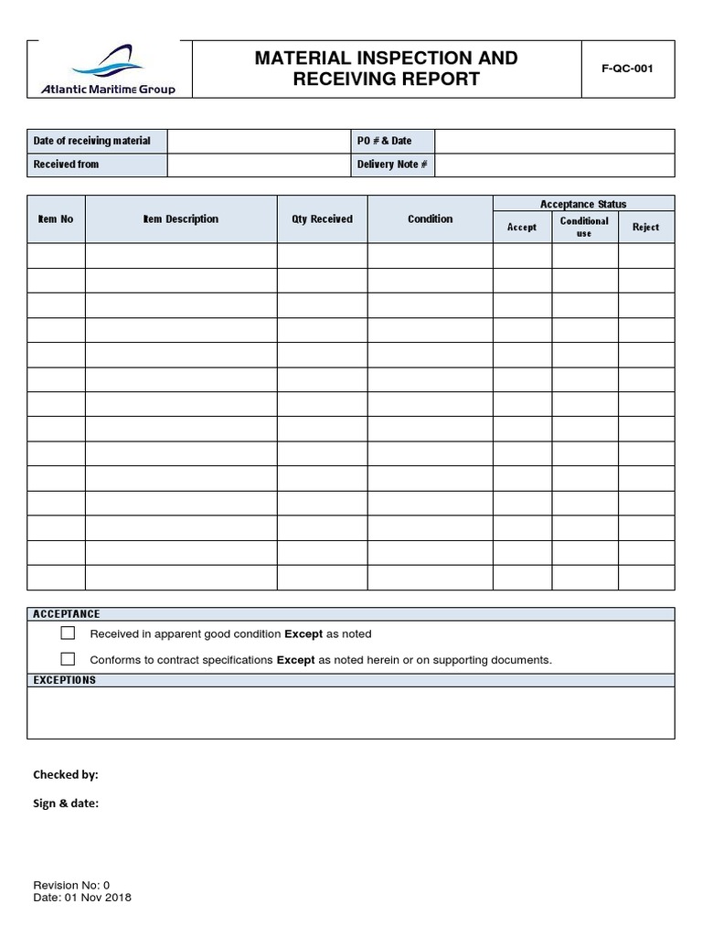 Material Inspection And Receiving Report Template Free Checklist