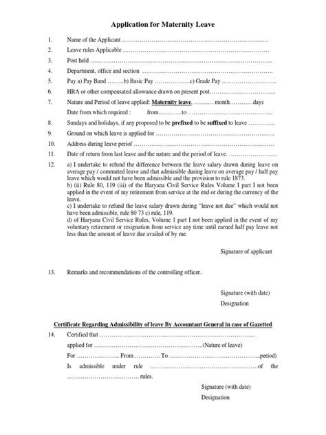 Maternity Leave Application Form Performa Pdf Government Information