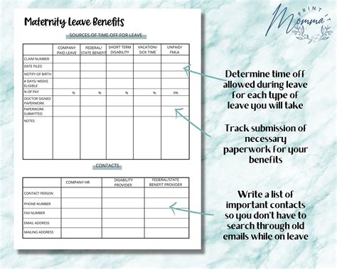 Maternity Leave Benefits Tracker Printable Fillable Work Family Leave Digital Download Maternity