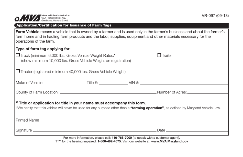 Md Mva Form Vr 097 Application Certification For Issuance Of Farm