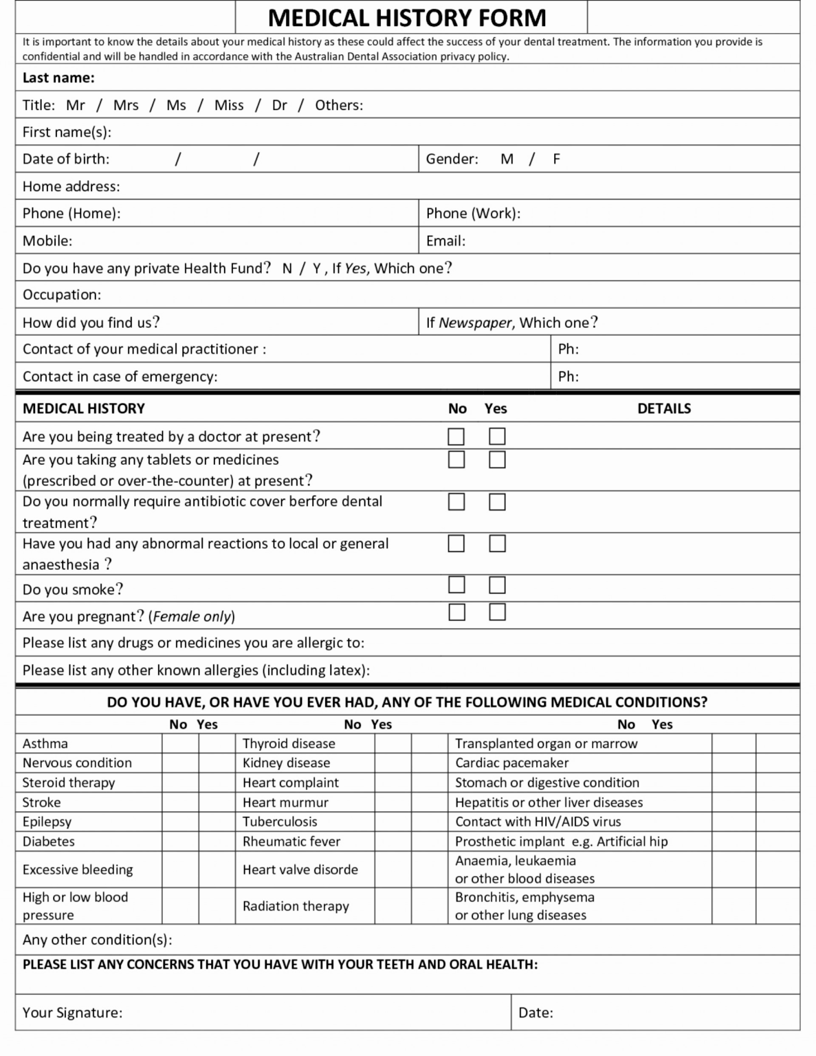 Medical History Form Template Word