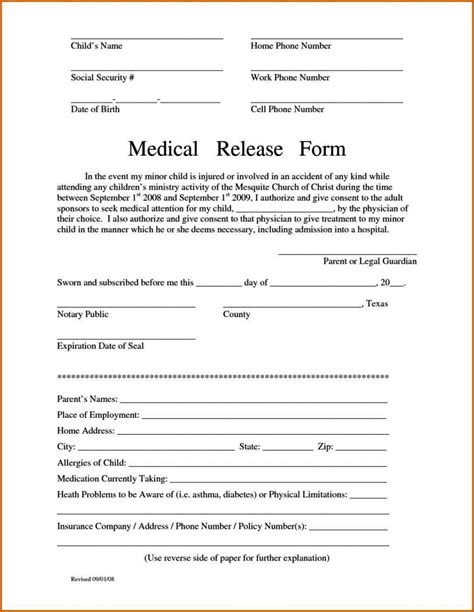 Medical Release Form Template For Children Sampletemplatess