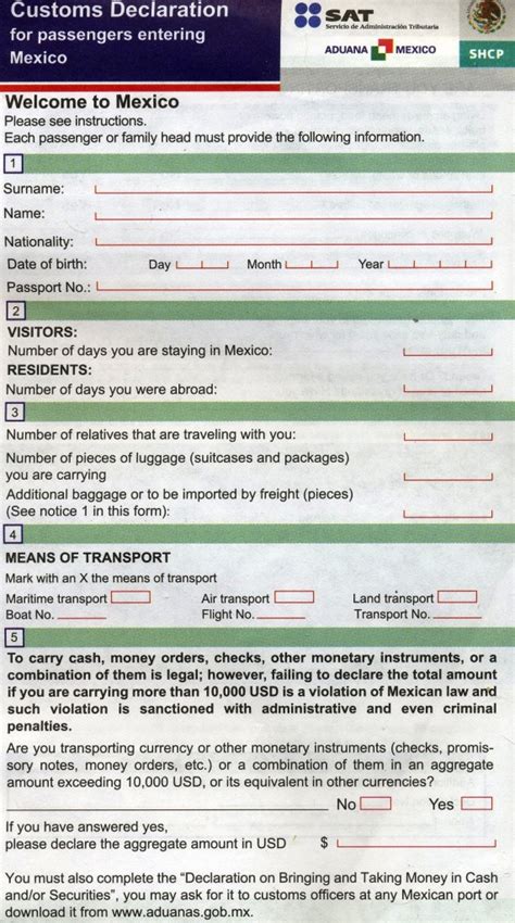 Mexican Customs Declaration Card Mapchick S Maps Travel Guides