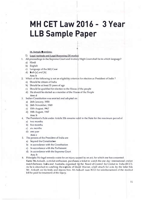 Mh Cet Law Llb 3 Year Model Paper 2 1 I 1 14 Sample Questions