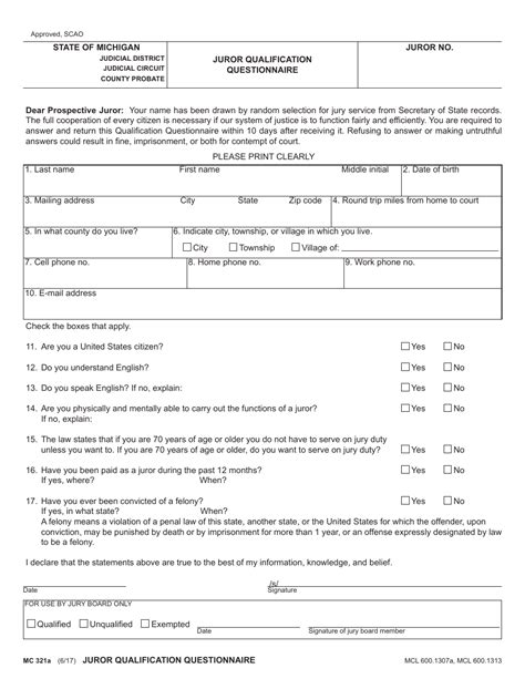 Michigan Juror Qualification Questionnaire Jury Duty Questionnaire