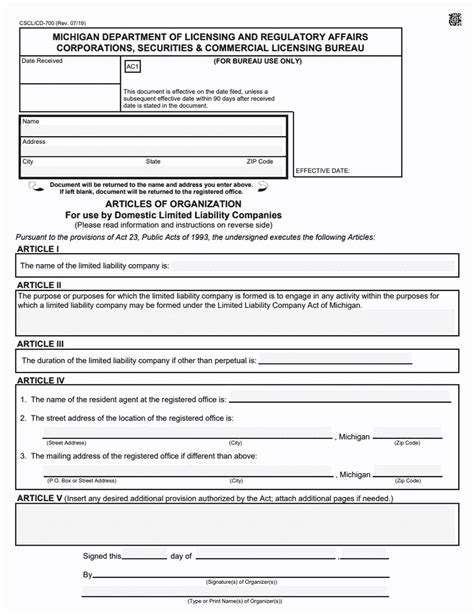 Michigan Llc Articles Of Organization Example Llc Bible