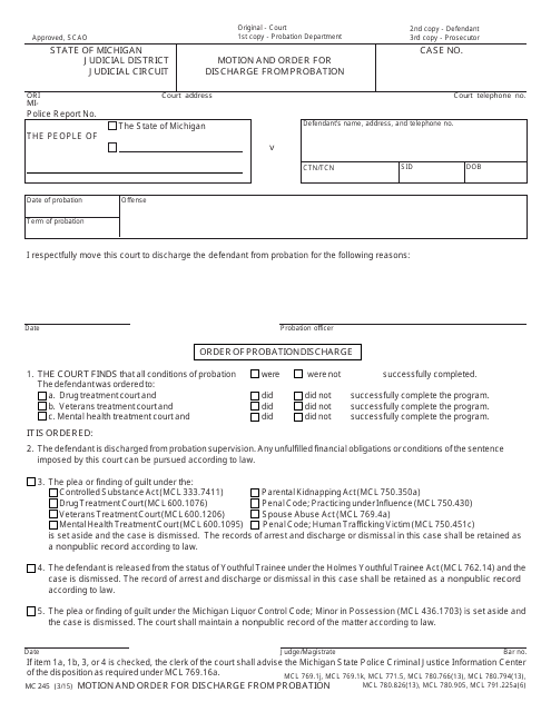 Michigan Motion And Order For Discharge From Probation Probation