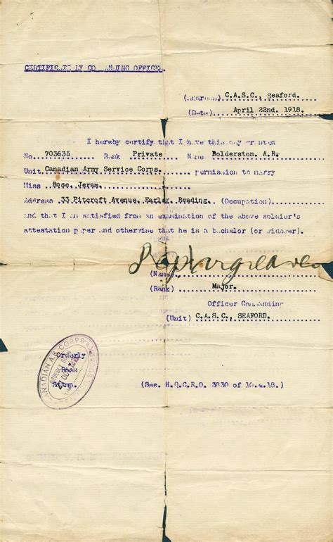 Military Documents Permission To Marry Canada And The First World War