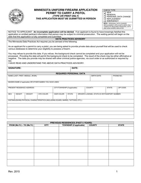 Minnesota Minnesota Uniform Firearm Application Permit To Carry A Pistol Fill Out Sign Online