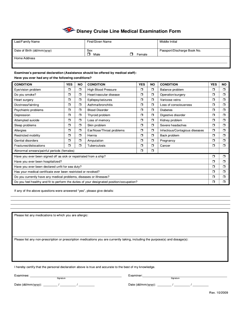 Mk Disney Cruise Line Medical Examination Form 2009 2021 Fill And