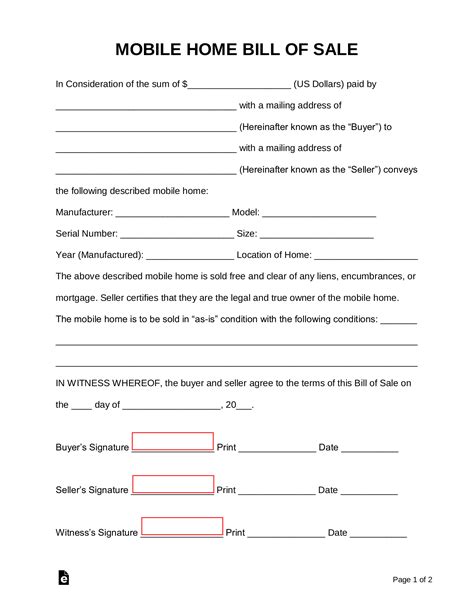 Mobile Home Bill Of Sale Free Printable Form