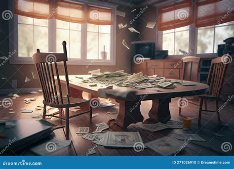 Money And Documents Fly Around The Apartment In The Dusk Scattered On The Table And On The