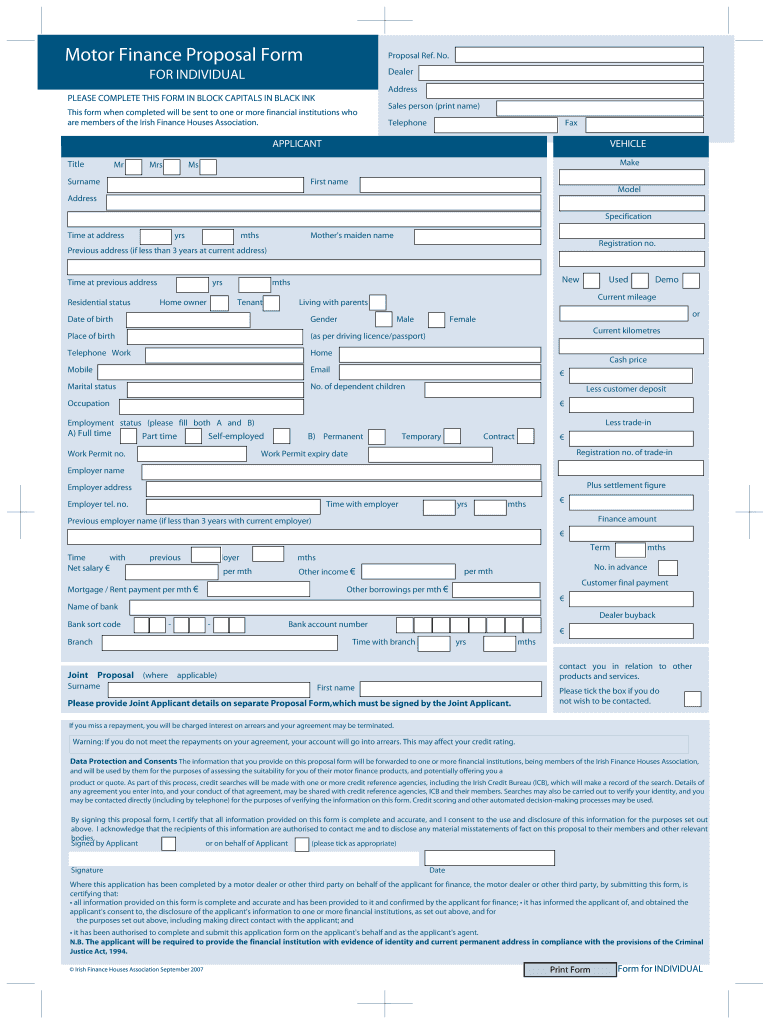 Motor Finance Proposal Form Fill Online Printable Fillable Blank