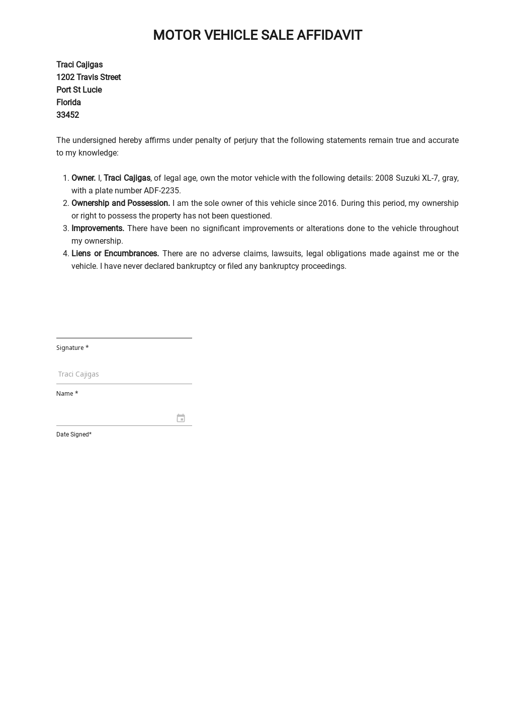 Motor Vehicle Sale Affidavit Template Ms Word 5Fc