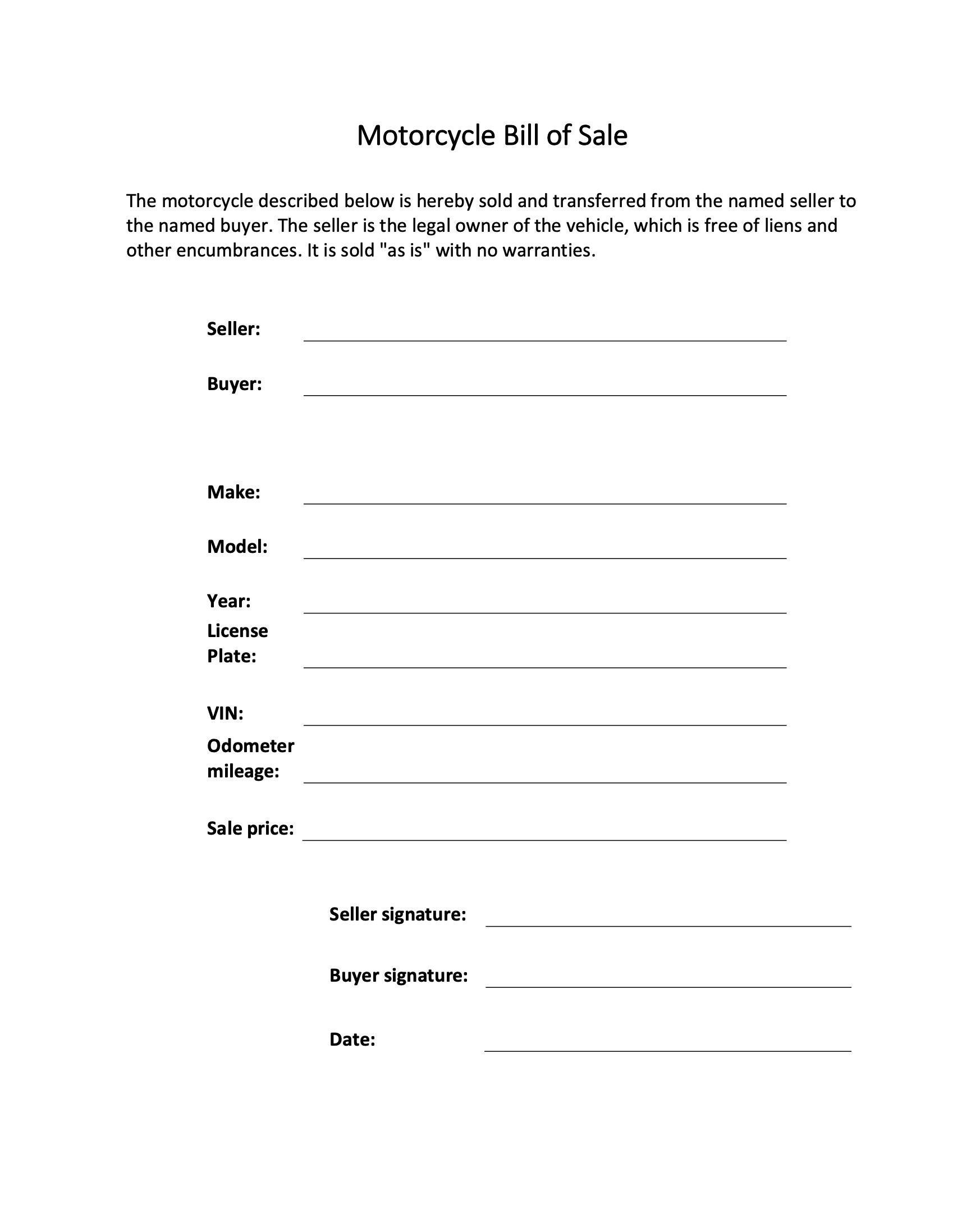 Motorcycle Bill Of Sale Motorbike Quadbike Sale Contract Auto Dealership Proof Of Purchase