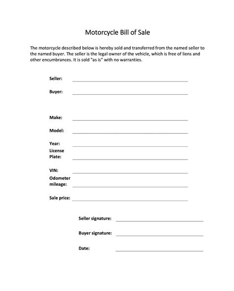 Motorcycle Bill Of Sale Motorbike Quadbike Sale Contract Auto