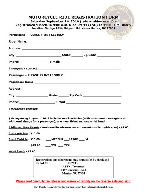 Motorcycle Ride Registration Form Fill Online Printable Fillable