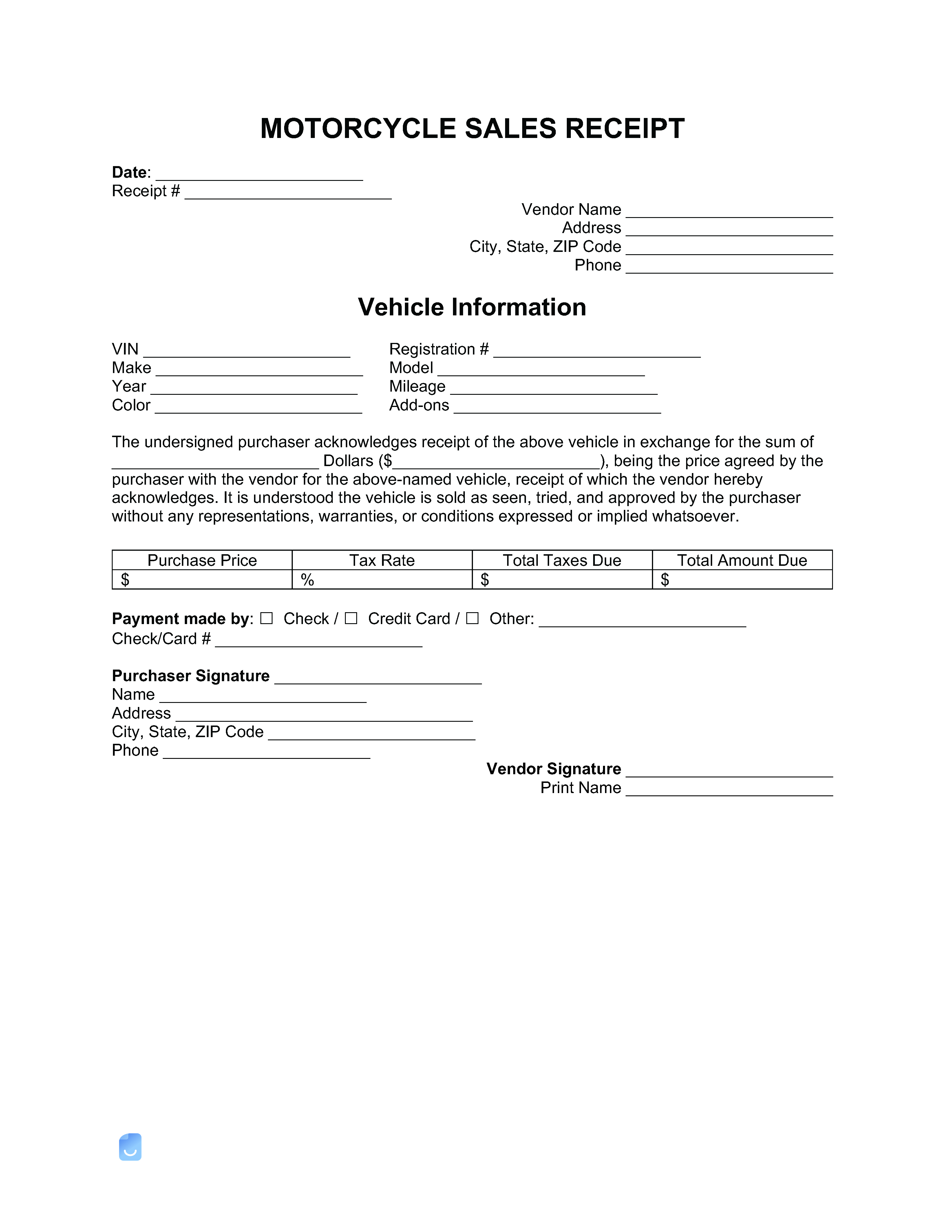 Motorcycle Sales Receipt Template Invoice Maker