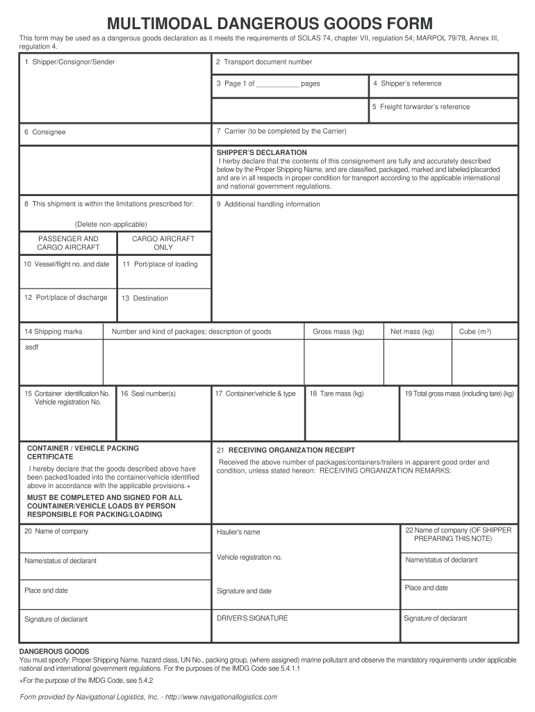 Multimodal Dangerous Goods Form Fill Online Printable Fillable