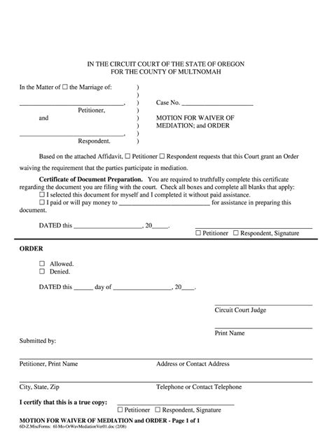 Multnomah Affidavit Waiver Mediation Fill Online Printable Fillable