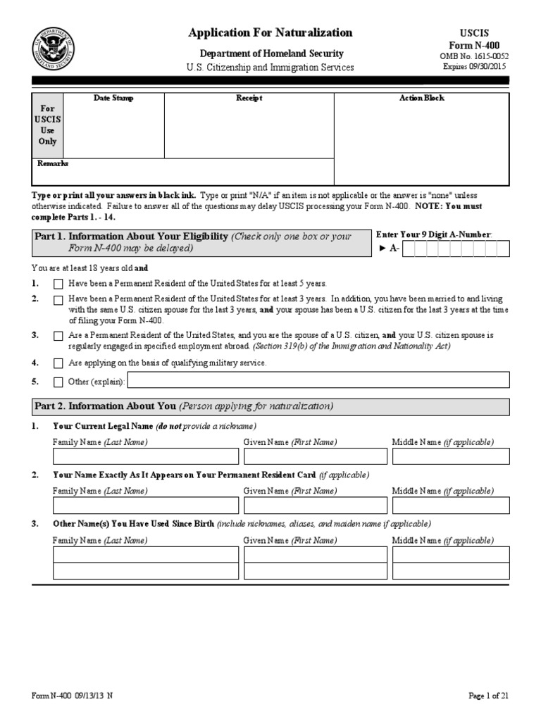 N 400 Application For Naturalization Permanent Residence United