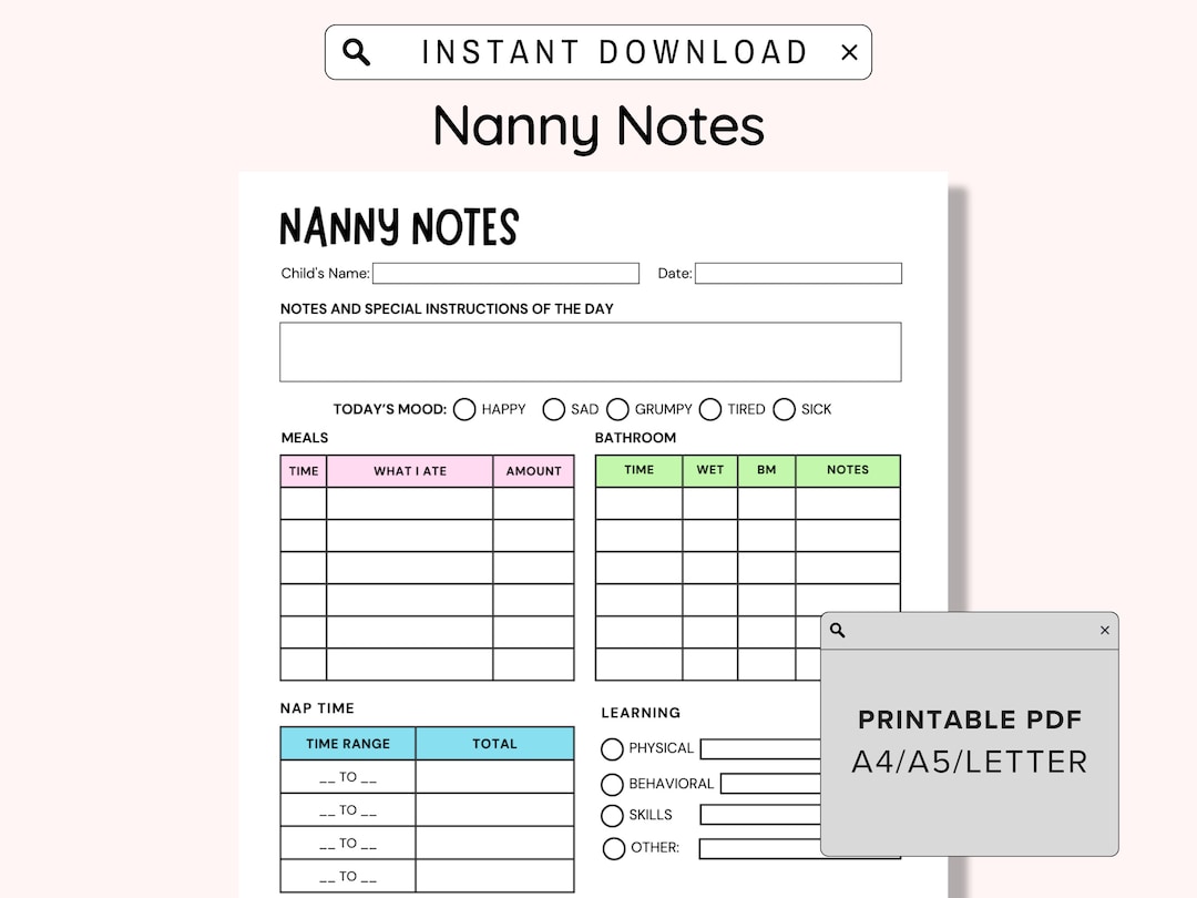 Nanny Notes Nanny Information Sheet Printable Instant Etsy Uk