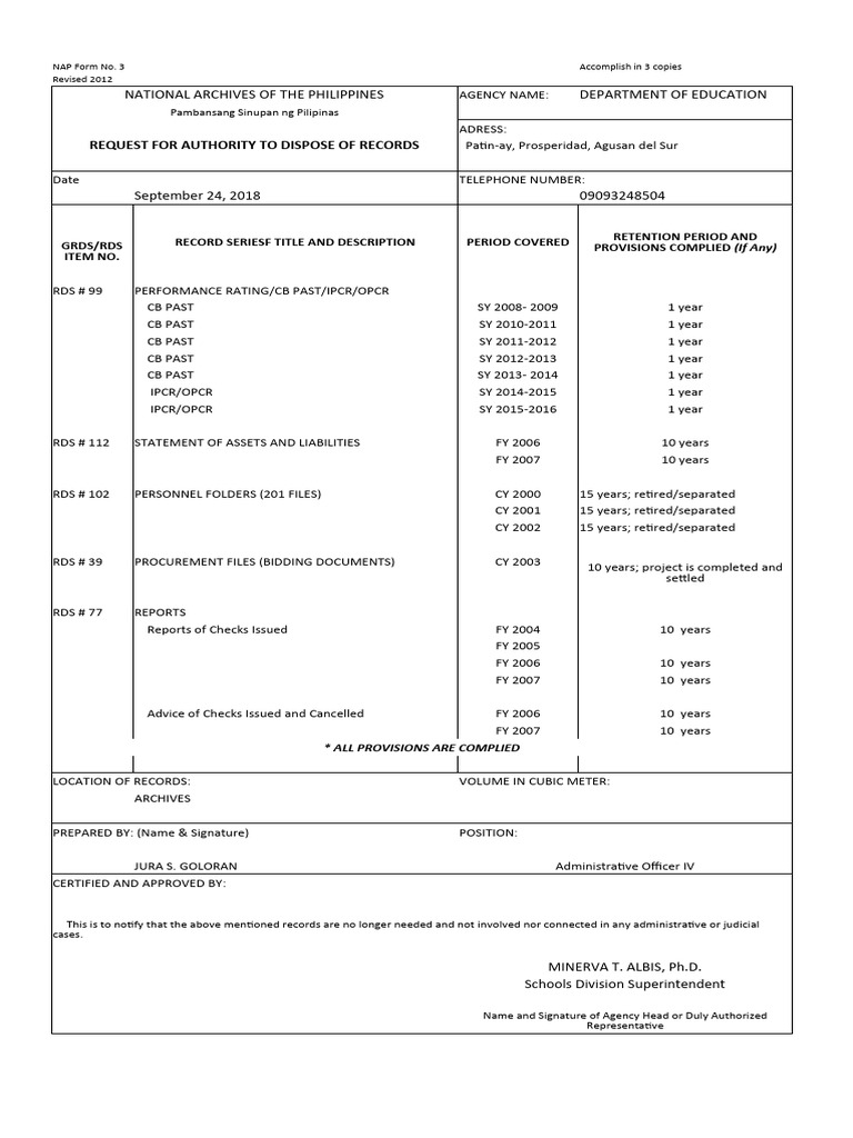 Nap Form 3 Request For Disposal Pdf Business