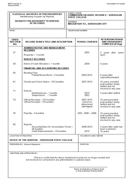 Nap Form No 3 Request For Authority To Dispose Records Pdf