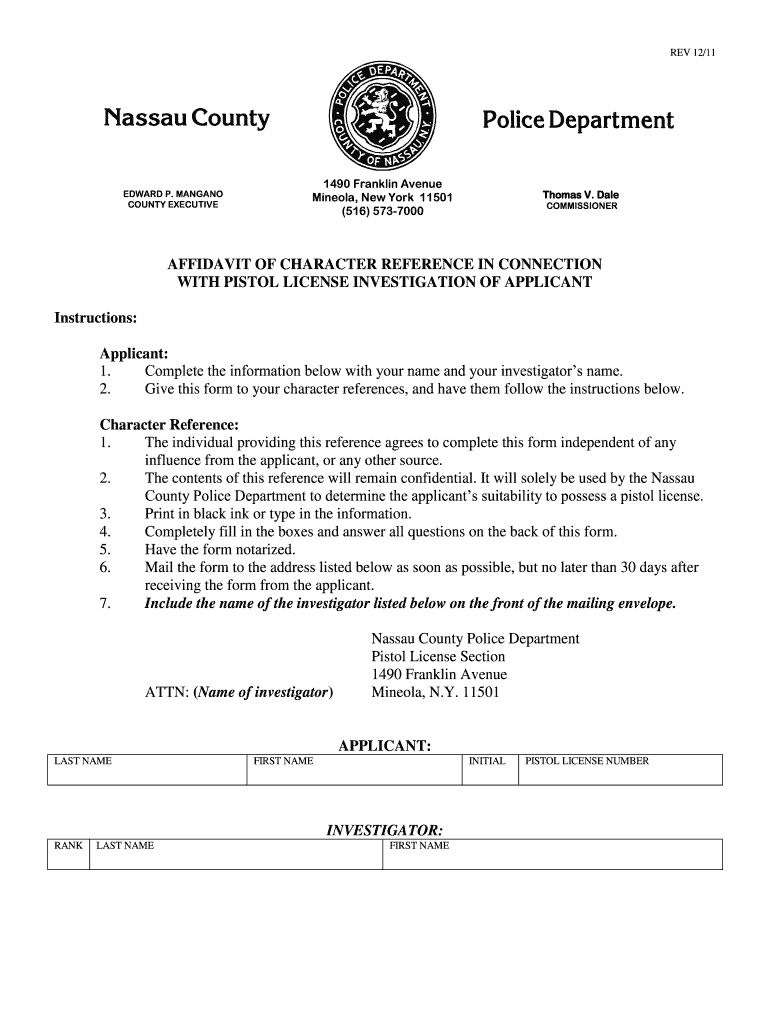 Nassau County Pistol Permit Character Reference Form Fill Out Sign