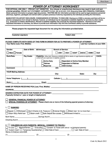 Navy Power Of Attorney Fillable Form Printable Forms Free Online