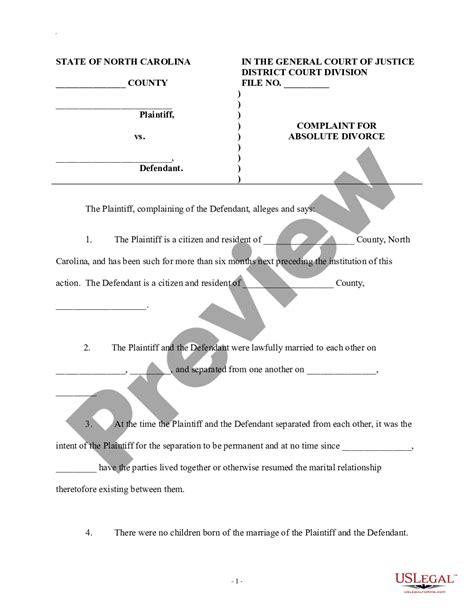 Nc Court Form Complaint Absolute Divorce Complete Legal Document