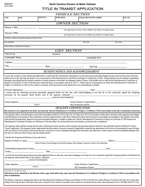 Nc Dmv Form Mvr 6Tt Title In Transit Application Forms Docs 2023