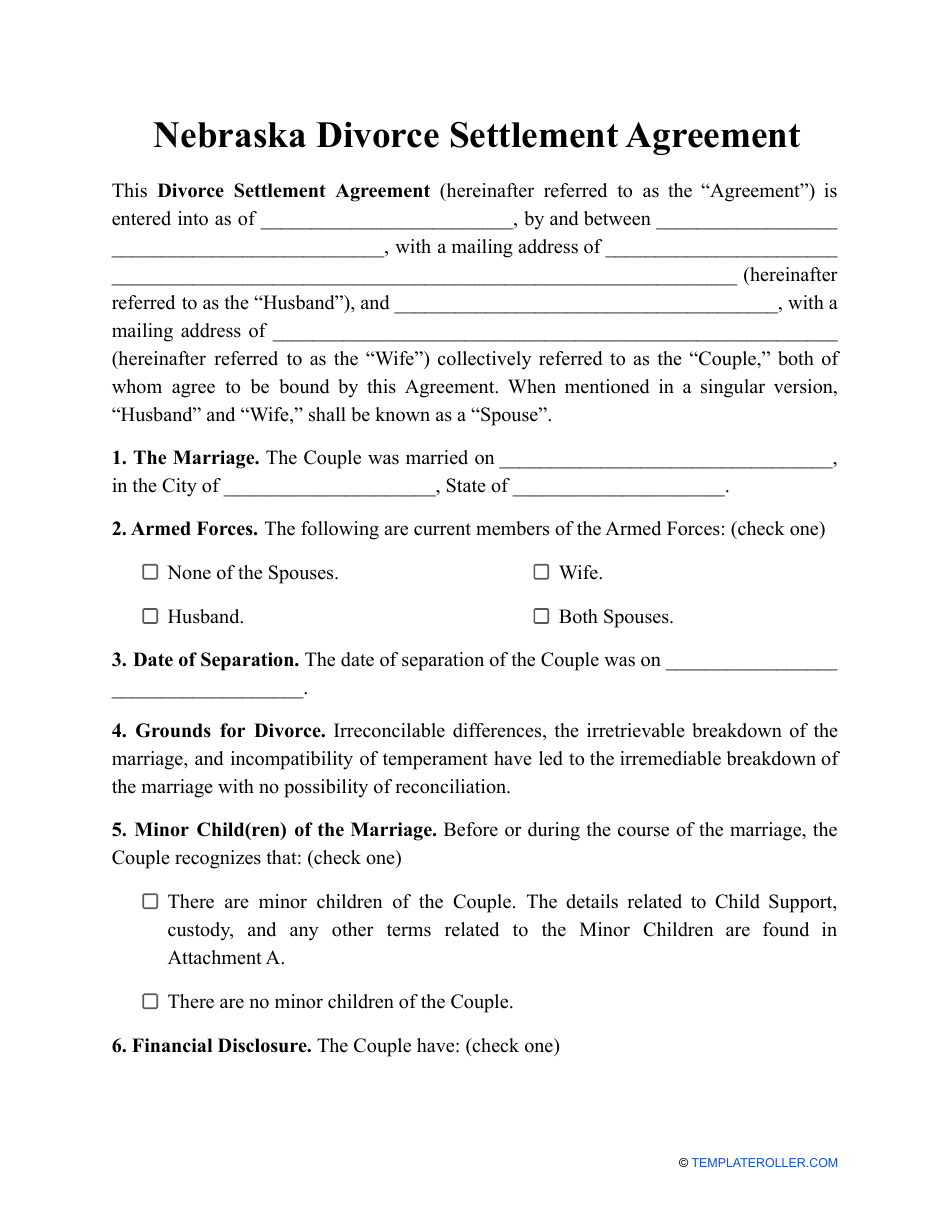 Nebraska Divorce Settlement Agreement Template Fill Out Sign Online