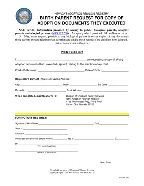 Nevada Birth Parent Request For Copy Of Adoption Documents They